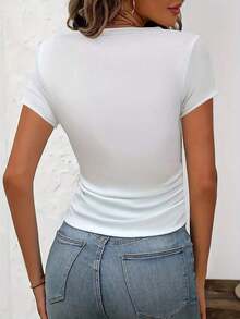 Camiseta de manga corta sexy estilo Y2K para primavera/verano, con estampados de labios brillantes y joyas, top ajustado de cuello redondo, camiseta Y2K. - Blanco - Ver 2