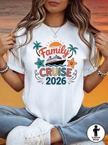 Camiseta de Mujer con Temática de Crucero Familiar 2026| Camiseta Casual de Manga Corta con Decoración de Barco de Crucero, Estrella de Mar y Palmera, con Lema, Colorido Naranja-Azul, Cálido, para Vacaciones Familiares y Viajes en Crucero, Transpirable y Cómoda - Blanco - Ver 1