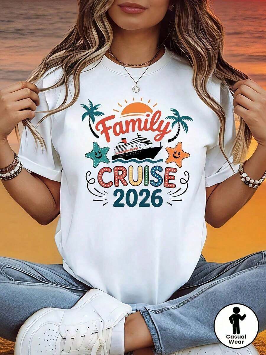 Camiseta de Mujer con Temática de Crucero Familiar 2026| Camiseta Casual de Manga Corta con Decoración de Barco de Crucero, Estrella de Mar y Palmera, con Lema, Colorido Naranja-Azul, Cálido, para Vacaciones Familiares y Viajes en Crucero, Transpirable y Cómoda - Blanco - Ver 1