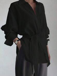 Blusa urbana y casual de manga larga con lazo lateral para mujer - Negro - Ver 12