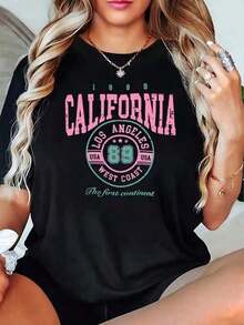 1 pcsNueva camiseta de mujer para otoño-invierno, de manga corta con cuello redondo, ideal como prenda básica. Con diseño holgado y estampado moderno, hecha de algodón puro de alta calidad, ofrece comodidad y una sensación agradable en tu día a día. 180g 100% Algodón - Negro - Ver 2