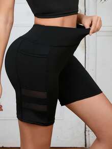 3pcs/Set Women's High Waist Mesh Patchwork Pocket Side Stripe Fitted Sports Shorts, Suitable For Fitness, Gym, Outdoor, Travel - Multicolor - View 3