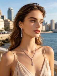1 Set Bridal Necklace Earrings Jewelry Set, Fashionable Elegant Versatile Rhinestone Decorated Choker Necklace - Silver - View 12