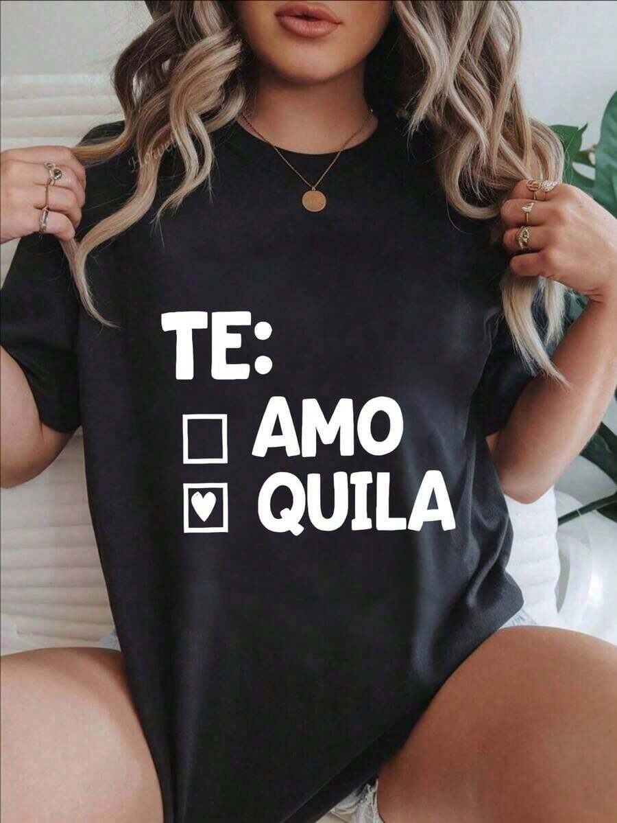 Camiseta casual con estampado de diseño de casilla "Te amo Quila" para mujer, adecuada para todas las estaciones - BlancoComfortable, versatile short-sleeved top. - Negro - Ver 1