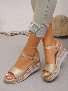 Damen Sommer Neue Plateau Sandalen mit Schlangenmuster, goldene vielseitige Keilsandalen mit Riemen - Gold - Übersicht 3