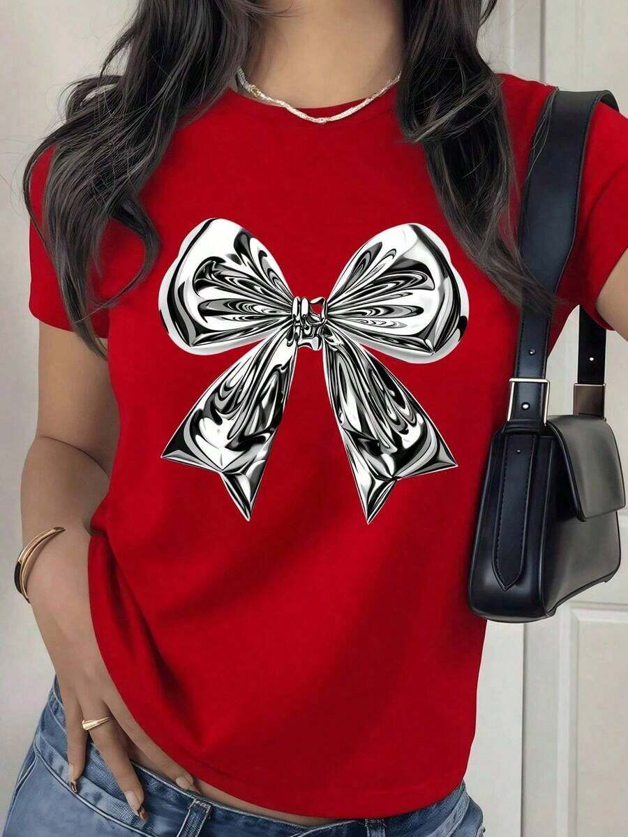 Women's White T-Shirt With Large Bow Print, Metallic Silver Effect, Short Sleeve Round Neck Camisole, Coquette And Modern Style, Summer Fashion 2026. Suitable As A Gift. Women's T-Shirt. Blouses > Elegant. Boho Chic. Exquisite Printed Round Neck T-Shirt For Women, Ideal For Various Seasons, Perfect For Vacations, Travel, And Holidays. - 紅色的 - 查看 1
