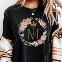 1 camiseta católica mariana, regalo católico, camiseta religiosa católica mariana, ropa de fe cristiana, camisetas religiosas florales para mujer, camiseta con cruz, camisetas lindas de verano para mujer, camiseta estampada de cuello redondo, camisetas gráficas para mujer, 180g 100% algodón, todos los diseños están impresos. Unisexo. - Negro 011 - Ver 2