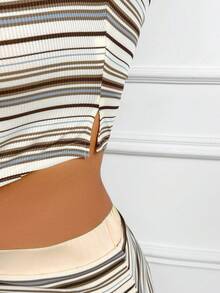 Women's Casual Striped Knit 2-Piece Set, Including Collared Cropped Top And Adjustable Tie Waist Mini Skirt - Yellow - View 9