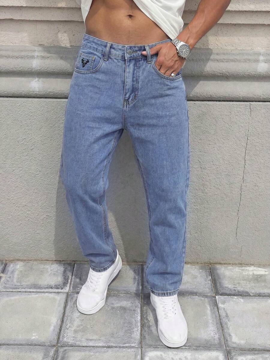 Men's Straight Leg Jeans, All-Match Mid-Rise Design, Classic Versatile Slimming Pants, Minimalist Streetwear Casual Commute Trousers, Boyfriend Style Essential Item - Light Wash - View 1