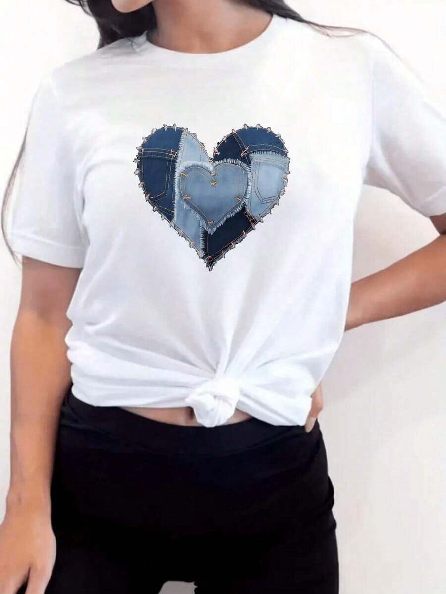 Women's White Denim Heart Print T-Shirt, Round Neck, Casual Summer Fashion For Women. All Kinds Of Prints, Jacket, Round Neck T-Shirt, Casual, For Office, For Travel, Very Popular, Sporty Style, Print/Pattern, 100% Cotton T-Shirt, Casual T-Shirt, Comfortable, Soft, Breathable. The Latest Popular Bestseller - 白色 - 查看 1