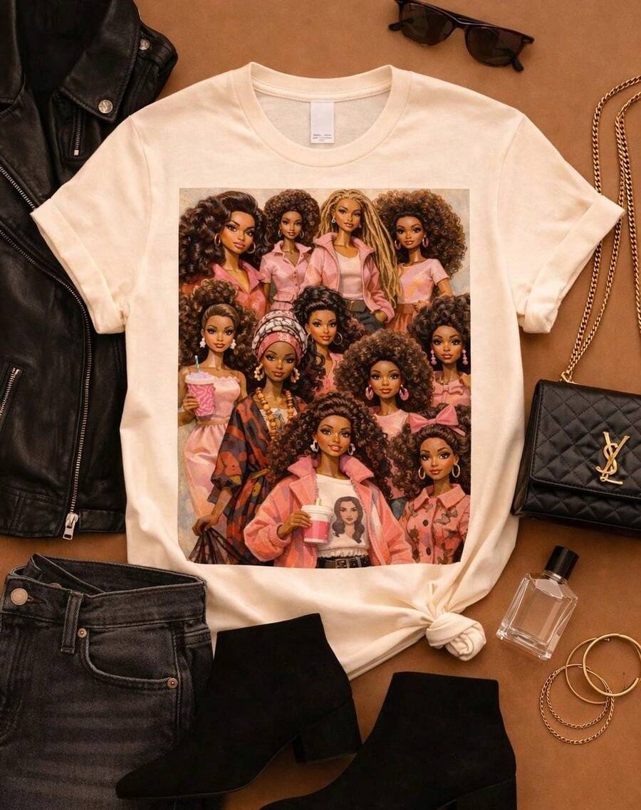Chocolate Dollcore Girl T-Shirt Pink Doll Fantasy Art Tee Black Girl Magic Sisterhood Soft Glam Y2K Aesthetic Black Girl - Blanco - Ver 1