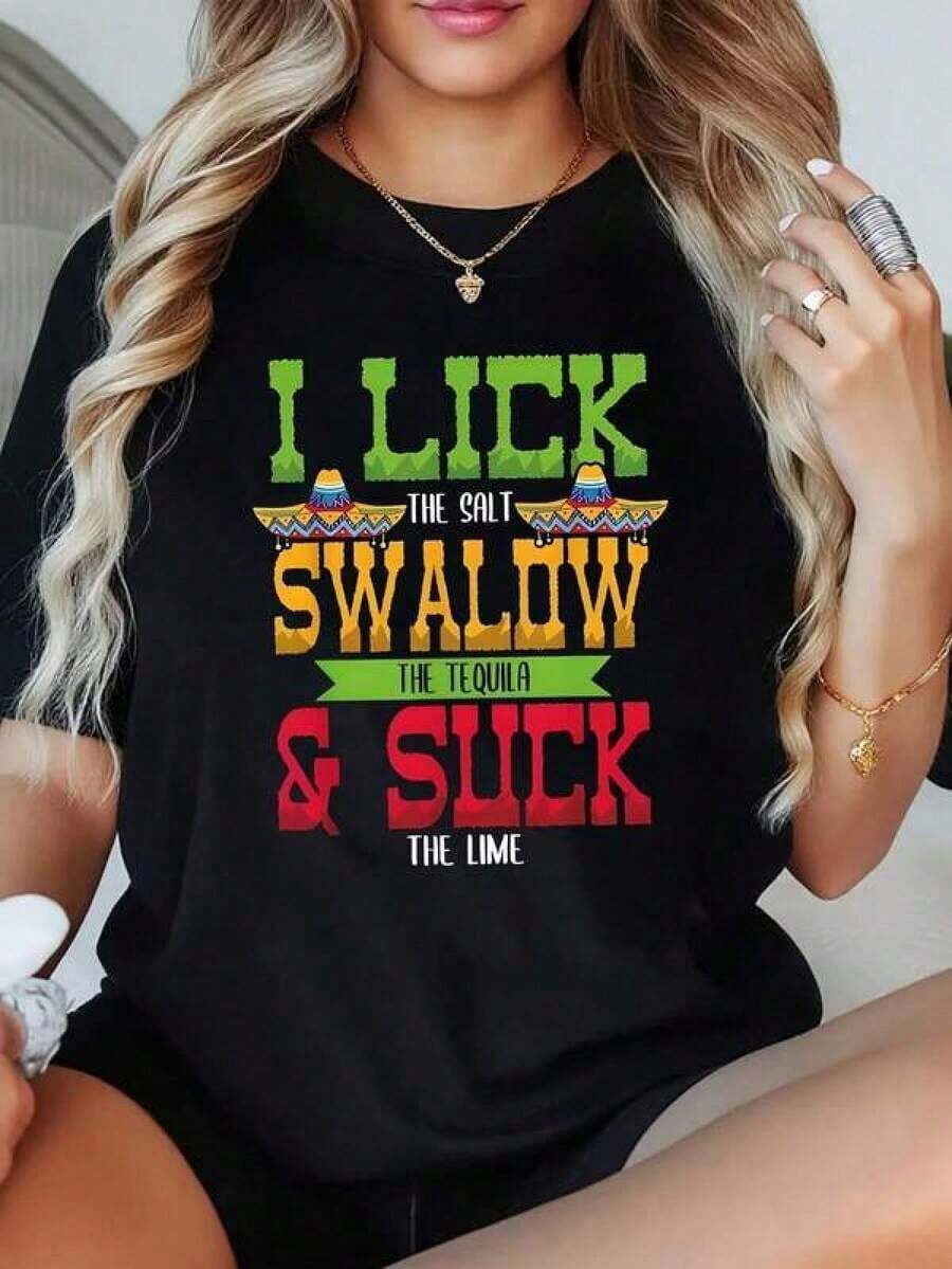 Camiseta gráfica de algodón, talla grande, 1 pieza, para mujer, con estampado "I Lick The Salt Swallow The Tequila", camiseta gráfica de talla grande para el Cinco de Mayo, camiseta divertida de manga corta, novedosa, 100% poliéster, camiseta casual de cuello redondo, estilo Y2K, camiseta de gran tamaño para hombre, tops de verano - Estilo callejero vintage, unisex, holgada, de algodón, de manga corta, con cuello redondo, blusas para mujer, playeras de mujer, blusas casuales para dama. - Negro - Ver 1