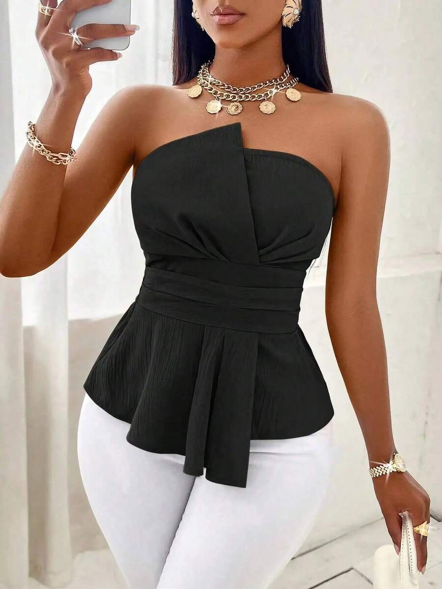 Top negro a la moda para mujer, top sin tirantes con hombros descubiertos, top de moda de verano, elegante y versátil, informal, para fiesta, artículo imprescindible - Negro - Ver 1