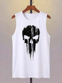Camiseta casual de cuello redondo para hombre, hecha de tela de punto de poliéster con un ligero estiramiento, ajuste regular, decorada con estampado 3D de calavera y rayas patrióticas en los hombros, una camiseta gráfica novedosa. - Beis - Ver 2