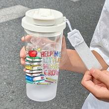 1/5pcs 500ml Plastic Teacher-Themed Cup With Straw, Strap And Leak-Proof Lid, Featuring "Help Kids Grow" Text, Book Stack And Apple Graphics, Transparent Iced Coffee Cup, Ideal For Daily Use, Great Teacher's Day Gift For Educators - Multicolored - Piled-up Books - View 11