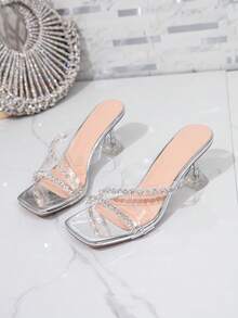 2026 Summer New Fashionable Versatile High-End Elegant Transparent Rhinestone Square Heel Sandals, Suitable For Daily Commute, Outdoor, Office, Formal Occasions, Cocktail Parties, Weddings, Silver High Heels - Silver - View 8