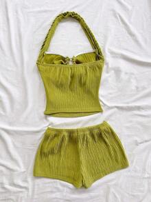 Conjunto Casual de 2 Piezas para Mujer: Top Halter a Rayas y Shorts para Vacaciones - Verde - Ver 2