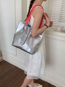 1pc Women's Contrast Color Shoulder Crossbody Bag, Large Capacity Glitter Tote Handbag, Suitable For Shopping, Commuting, Gift - Silver - View 6