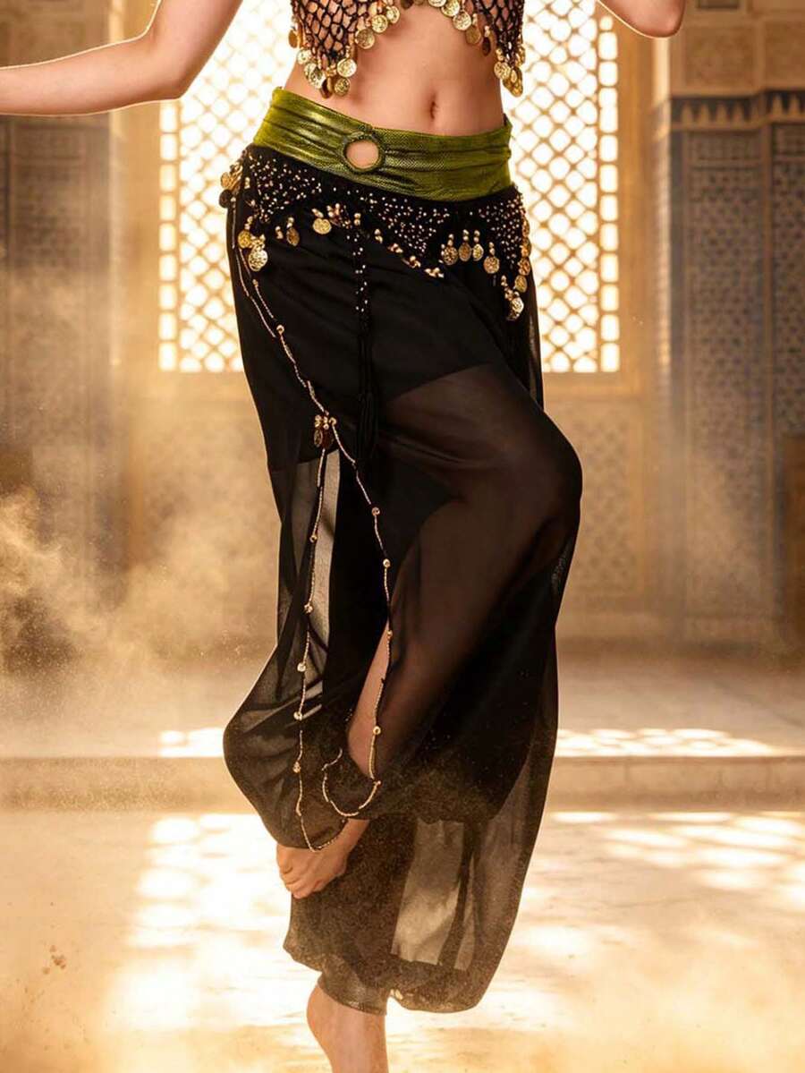Bohemian Style Coin Decorated Chiffon Harem Pants, Loose Flowy Trousers, Suitable For Fusion And Exotic Style Festival Events (Multiple Colors Available)