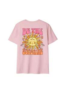 Camiseta holgada de manga corta, estilo hippie vintage americano con estampado de grafiti de letras solares.Cómodo y transpirable.Ideal para admirar las flores de cerezo en primavera, festivales de música al aire libre, paseos por la ciudad, salidas informales en los parques, vacaciones de verano. - rosa caramelo - Ver 3