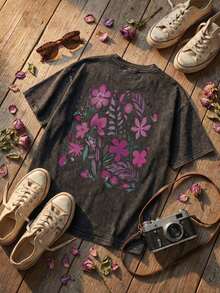 Fun Women's Clothing With  Cartoon Floral And Plant Prints, Street Style, Korean Style, Comfortable, Retro, Versatile For Work, Y2K Women's Clothing, Black Fitted Short-Sleeved Crew Neck T-Shirt, Niche Punk Style, Double-Sided Print, Comfortable Pure Cotton T-Shirt From The Washed Retro Series, Easily Creates Retro Casual Wear, Suitable For Daily Commutes, Casual Outings And Everyday Use, Classic Retro Style Women's Clothing. - 黑色 - 查看 2