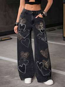 Jeans de talle bajo para mujer, nuevos pantalones casuales rectos y sueltos con bordado y estampado de corazón de moda de nicho, para todas las estaciones - Gris Oscuro - Ver 4