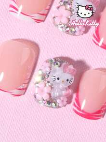 Sanrio Hello Kitty 24片長方形3D凝膠亮片法式美甲貼紙，附可愛3D Hello Kitty、蝴蝶結、花朵、水鑽與豹紋裝飾，粉色甜美風格，完美貼合假指甲，含1瓶膠水與1個指甲锉，適合女性與女孩日常佩戴與派對使用 Hello Kitty 美甲 - 彩色 - 查看 3