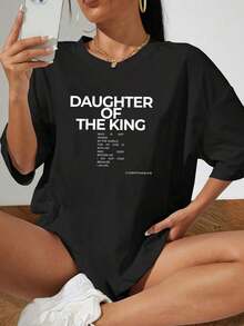 Summer Casual Loose Slogan Print Short Sleeve T-Shirt Blusas para mujer  Ropa deportiva estilo Y2K, cuello redondo, 100% algodón, tejido suave, manga corta. - Negro - Ver 6