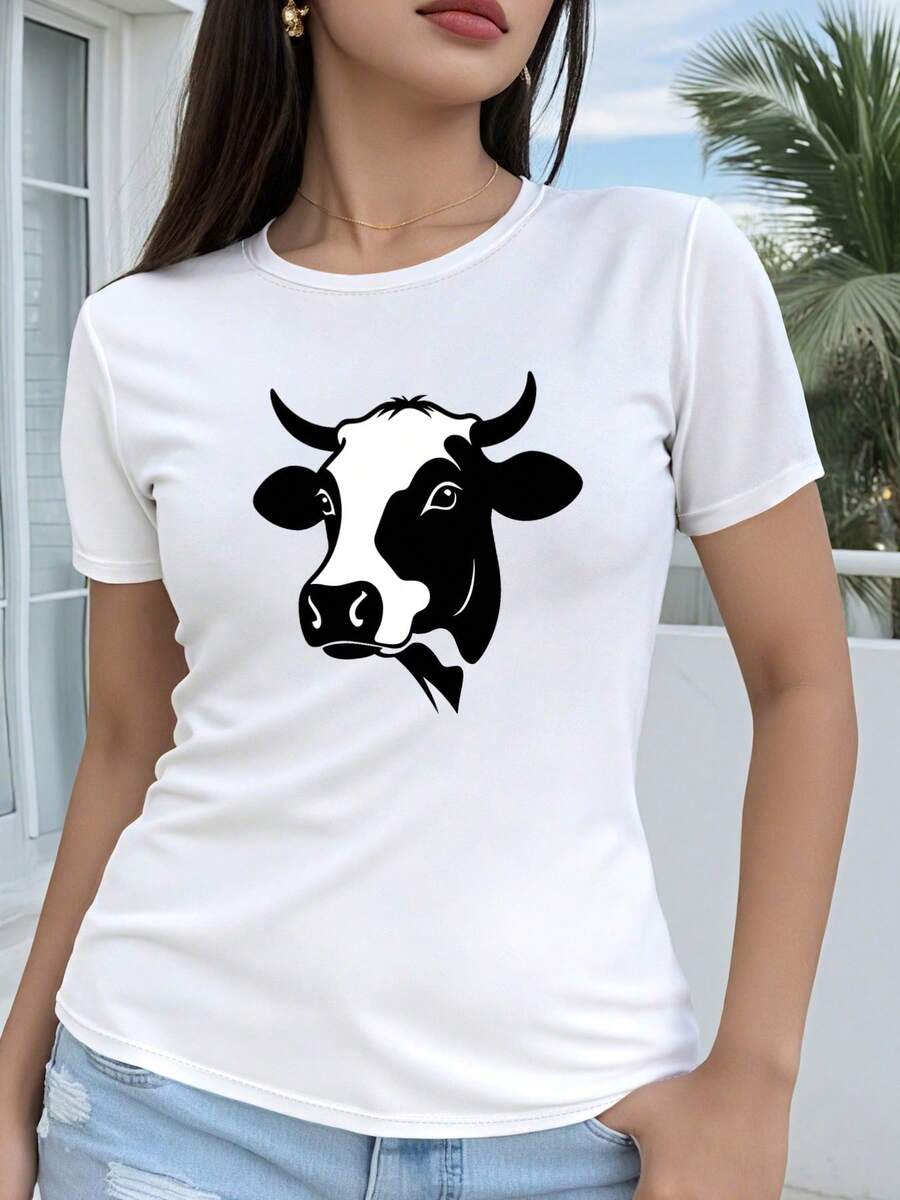 Camiseta de mujer de algodón puro con estampado de vaca geométrica en 2D, divertida y linda, de manga corta y cuello redondo, adecuada para todas las estaciones, disponible en varios colores y tallas, moda de vacaciones, estética retro, material transpirable, estampado divertido. - Blanco - Ver 1