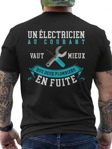 Men's T-Shirt With Funny Electrician And Plumber Print - French Plumbing Slogan Print On The Back, Comfortable Cotton Short-Sleeve Crew Neck T-Shirt, Casual Gift For Dad, Electricians, Plumbers (Black), Humorous Workwear, Graphic Print T-Shirt, Breathable Fabric, Lightweight T-Shirt, Slogan T-Shirt, Loose And Comfortable For Summer. - Black - View 1