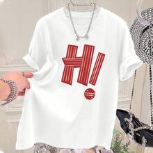Camiseta de manga corta de algodón puro para mujer, nuevo estilo de verano 2024, corte holgado, estilizante, a la moda, de alta gama, versátil, con estampado de letras elegante. - Negro - Ver 1