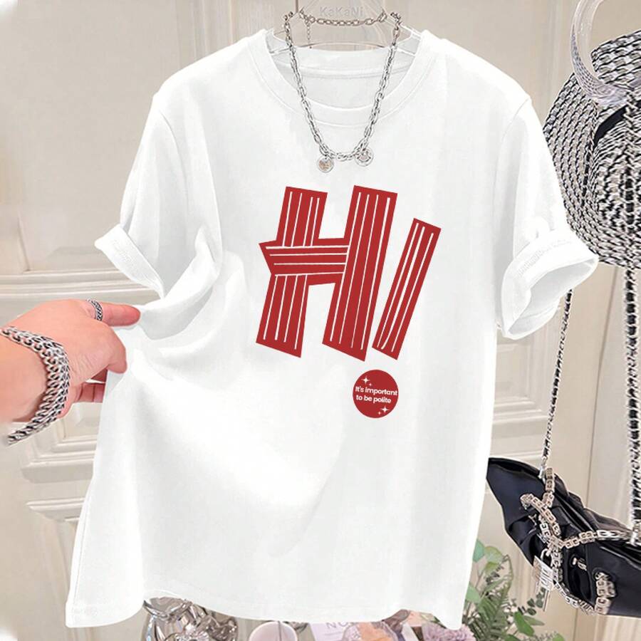 Camiseta de manga corta de algodón puro para mujer, nuevo estilo de verano 2024, corte holgado, estilizante, a la moda, de alta gama, versátil, con estampado de letras elegante. - Negro - Ver 1
