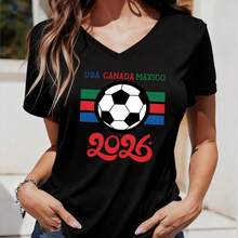 1pc Blusa de Mujer para Primavera/Verano, Cuello en V, Manga Corta, Diseño Temático EE.UU.-México-Canadá 2026, Varios Tamaños Disponibles, Colores Variados, Estilo Casual y Moderno, Ideal para Compras/Trabajo/Fiestas y Viajes al Aire Libre - Negro - Ver 1