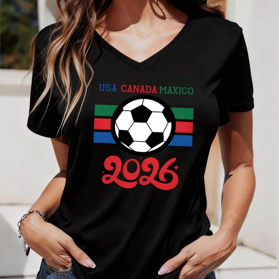 1pc Blusa de Mujer para Primavera/Verano, Cuello en V, Manga Corta, Diseño Temático EE.UU.-México-Canadá 2026, Varios Tamaños Disponibles, Colores Variados, Estilo Casual y Moderno, Ideal para Compras/Trabajo/Fiestas y Viajes al Aire Libre - Negro - Ver 1