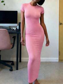 Vestido de mujer de manga corta ajustado de unicolor para uso diario en verano - Rosa - Ver 3