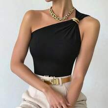 Top de punto elástico negro de un solo hombro para mujer con detalles dorados, ajustado, moderno y sexy, ideal para salir de noche. - Negro - Ver 4