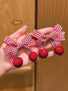2pcs Red Cherry Bow Hair Clips, Sweet Style Hair Accessories Suitable For Daily Use - Multicolor - View 2