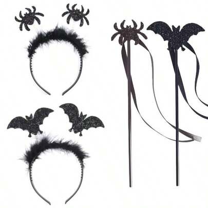 Bộ đũa phép hình con dơi Halloween kèm băng đô hình nhện, phụ kiện hóa trang, đũa phép ngày lễ, hoàn hảo cho trò chơi "xin kẹo hay bị ghẹo", tiệc hóa trang và trang trí.