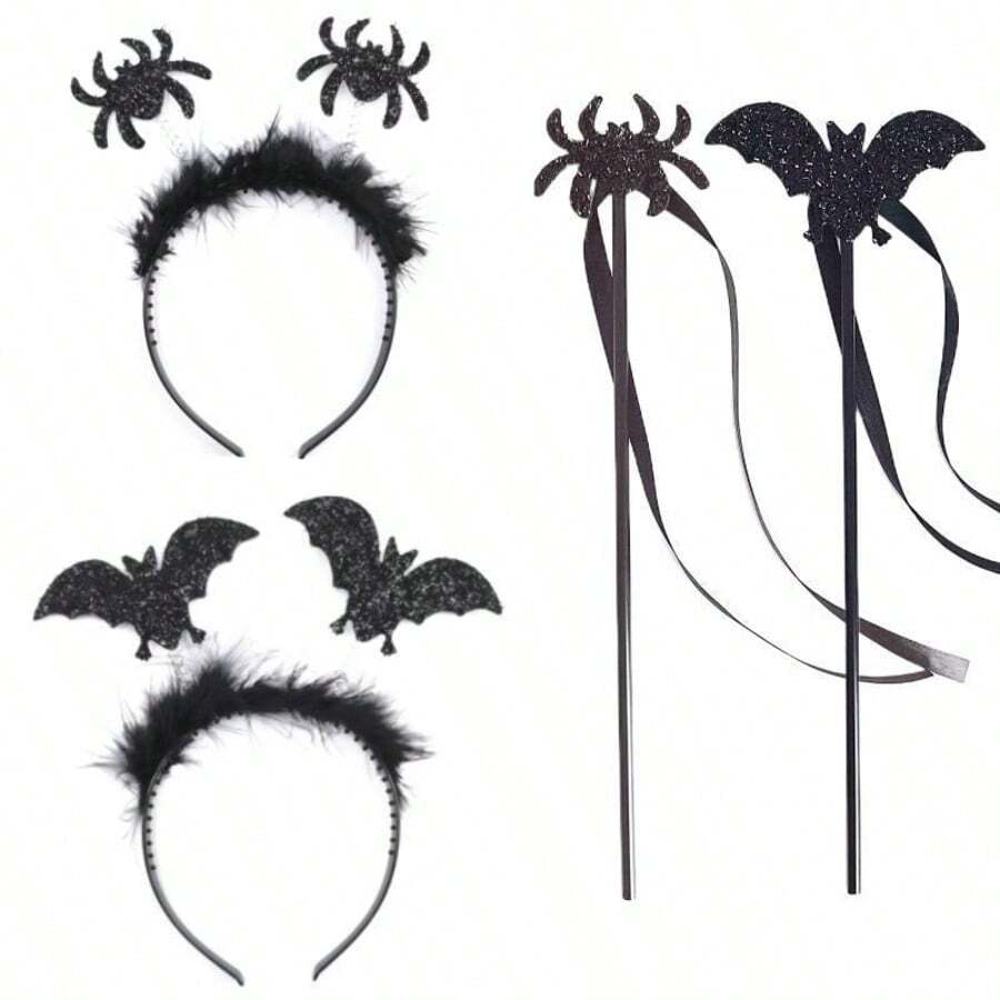 Halloween Bat Magic Wand Set With Spider Headband, Party Costume Props, Holiday Magic Wand, Perfect For Trick Or Treat, Costume Parties, And Decorations - Multicolor - View 1