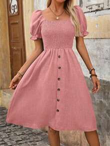 Vestido de manga abullonada efecto denim corte evasé para mujer - Rosa - Ver 1