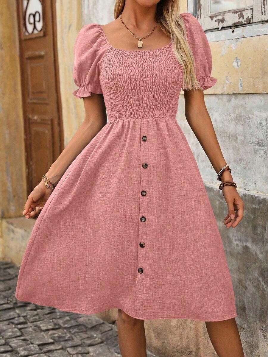Vestido de manga abullonada efecto denim corte evasé para mujer - Rosa - Ver 1