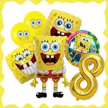 SpongeBob SquarePants Globos de números dorados del 1 al 9, personalizables, con globos con caras y redondos, adecuados para decoración de fiestas - Juego de globos de dibujos animados - Ver 15