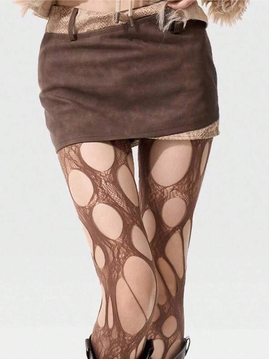 1pc Women's One Size Fits All Coffee Brown Asymmetrical Hole Fishnet Stockings, Suitable For All Seasons And Outfits - Coffee Brown - View 1