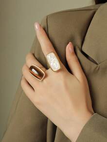 2pcs Stainless Steel Gold-Tone Rectangular Rings Inlaid With White And Tiger Eye Gemstones, Suitable For Women As Accessory Or Gift, Available In Various Sizes And Gemstone Weights, High Quality - Yellow Gold - View 2