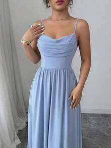 YHHElenzga Vestido elegante y romántico para invitadas de boda, damas de honor, de gasa con tirantes de espagueti, cintura ceñida y fluidoYHH - Niebla azul - Ver 6