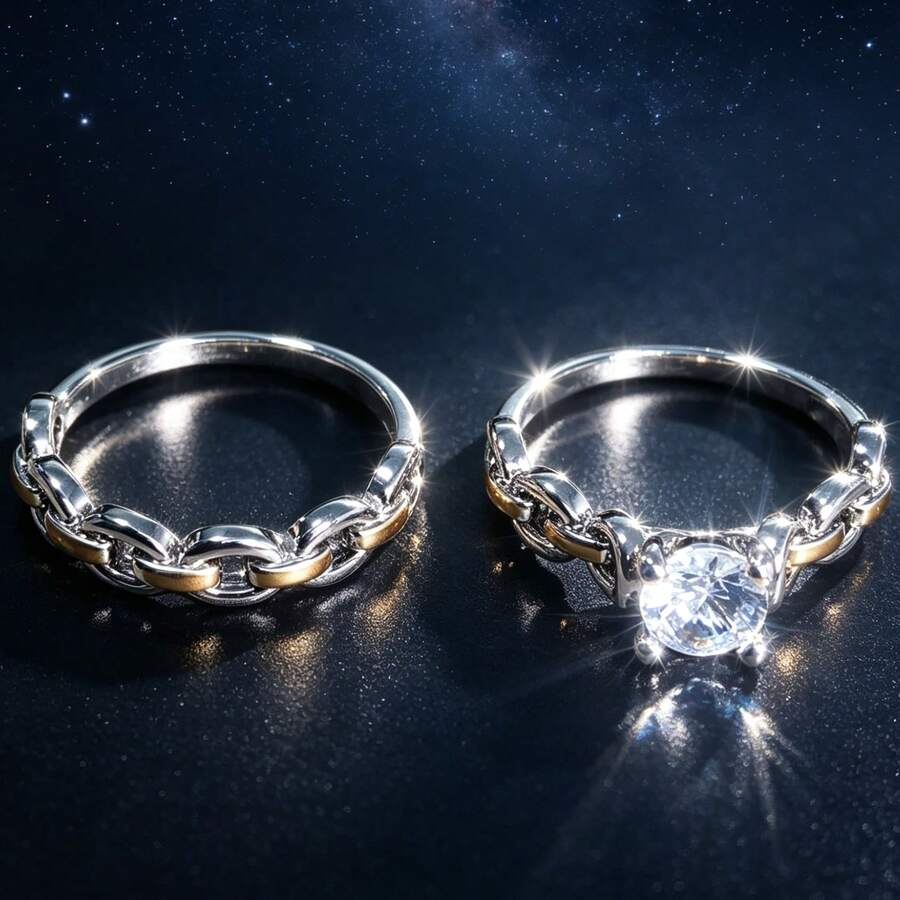Set de 2 anillos cruzados bicolor unisex, anillos de cadena de mujer con cristales de moda versátil y de alta calidad, anillos de boda/compromiso de mujer de dos tonos, elegantes, para festivales - Plateado - Ver 1