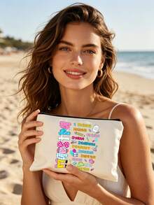 Maestra Theme Makeup Bag Set, Spanish Teacher's Day Gift Makeup Bag, "Gracias Maestra" Floral Heart Print Canvas Zipper Bag, Maestra Letter Pattern Makeup Bag, Floral Print Zipper Women's Makeup Bag, Gift For Her, Suitable For Women's Cosmetic Storage, College Dorm Cosmetic Storage, Women's Travel, Gift Bag - Multicolor - View 7