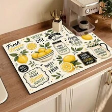 1pc Lemon Pattern Absorbent Drying Mat, Kitchen Decor Coffee Machine Pad, Beverage Coaster, Bowl Dish Drying Mat, Handmade Coffee Pot Drainer, Kitchen Floor Mat, Placemat, Tabletop Dish Drying Pad, Breakfast Mat, Heat-Resistant Anti-Slip Drying Mat, Diatomite Draining Pad, Hides Stains, Super Absorbent Kitchen Mat, Easy To Clean Dish Rack Mat, Suitable For Kitchen, Dining Table, Cafe, Bar, Holidays, Parties, Home Decor, Holiday Gifts - Multicolor - View 3