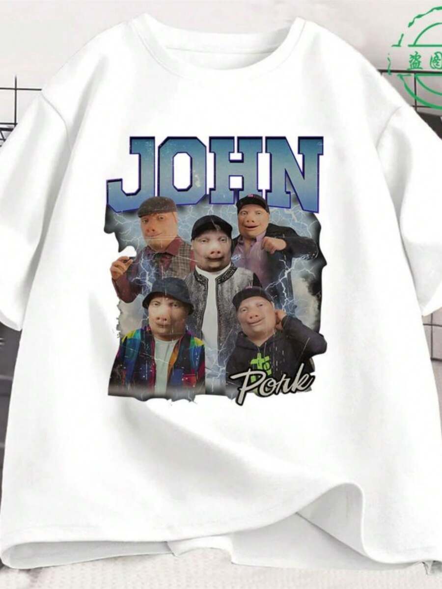 Funny John Pork T-Shirt Humor Pig Meme Graphic T Shirt Men's Women Clothing Fashion Hip Hop Short Sleeve T-Shirts Harajuku Streetwear - 白色 - 查看 1