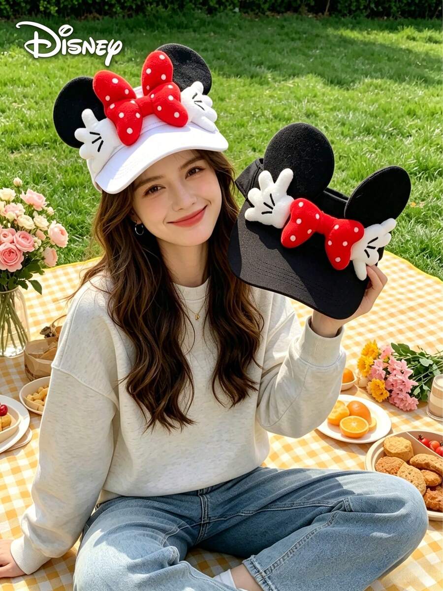 1 chiếc mũ rộng vành kiểu Minnie Mouse của Disney dành cho nữ, có nơ, phần trên bằng lưới thoáng khí, in chữ, thích hợp cho các hoạt động ngoài trời và du lịch, phù hợp cho mùa xuân và mùa hè. - A - Xem 1